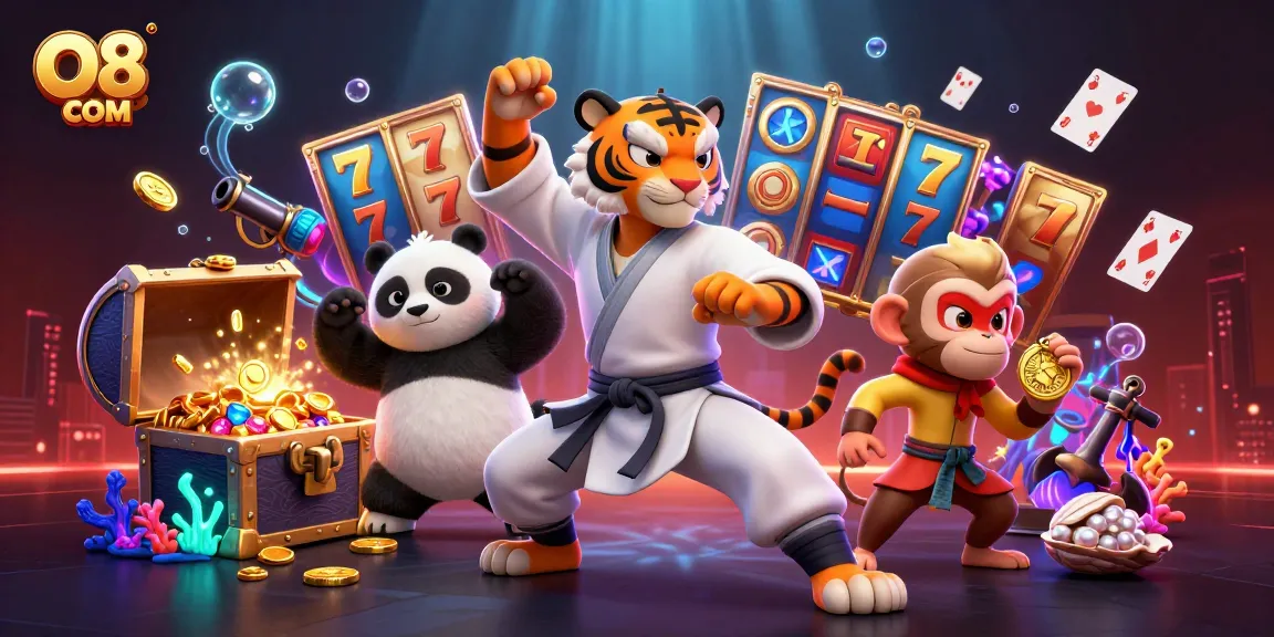 Experience dynamic gameplay and winning excitement with O8 COM in this vibrant casino illustration.