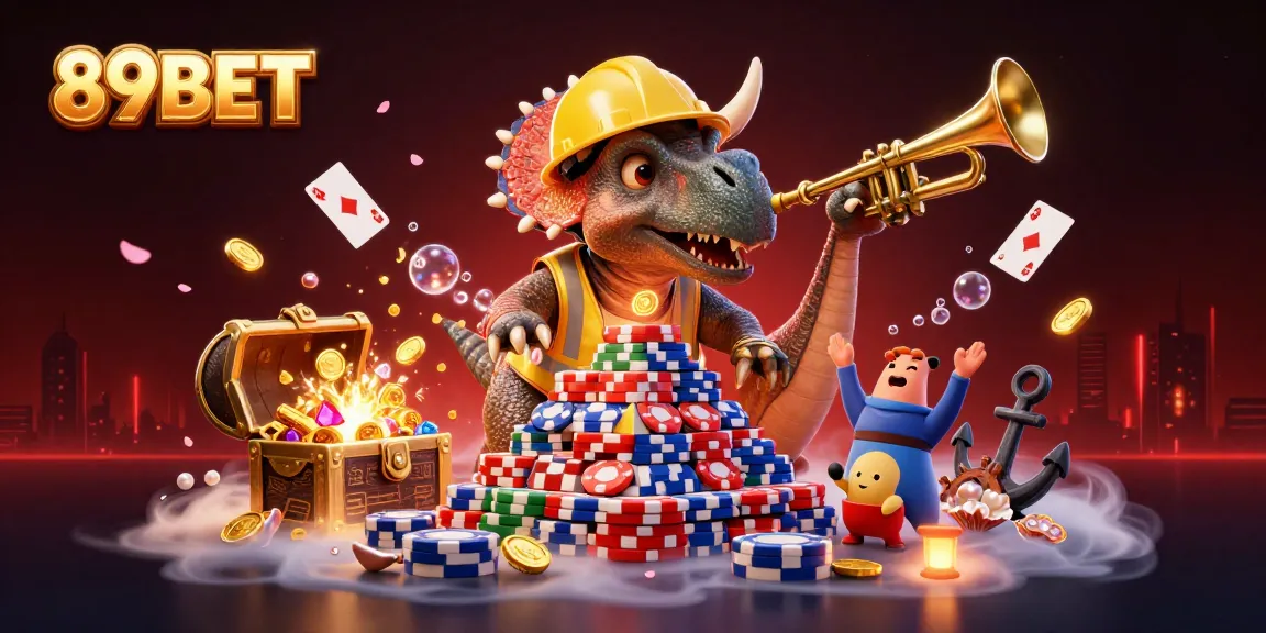Experience thrill with 89BET as cartoon characters celebrate a successful poker game, surrounded by treasures and casino elements.