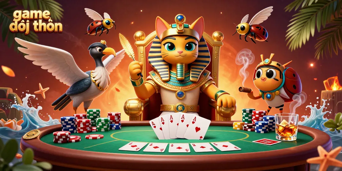 Engage in game đổi thưởng with an exciting poker scene featuring a pharaoh cat and vibrant casino elements.