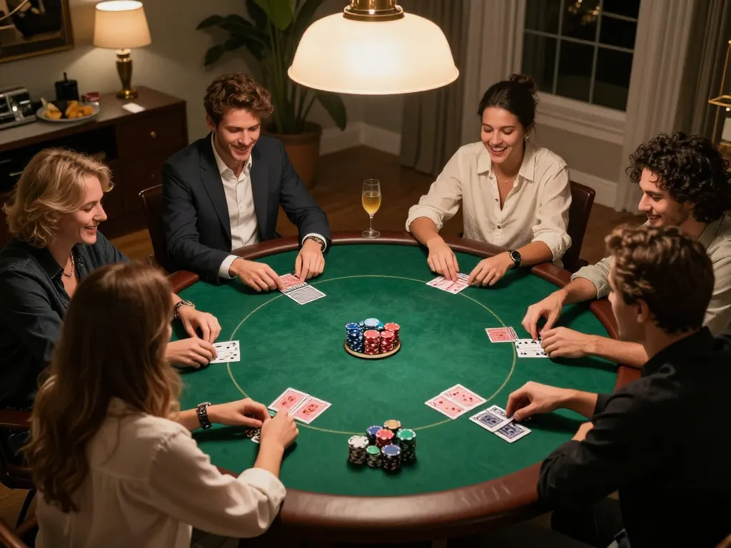 Experience thrilling home poker nights with fc88 and friends, showcasing lively gameplay with cards and chips.