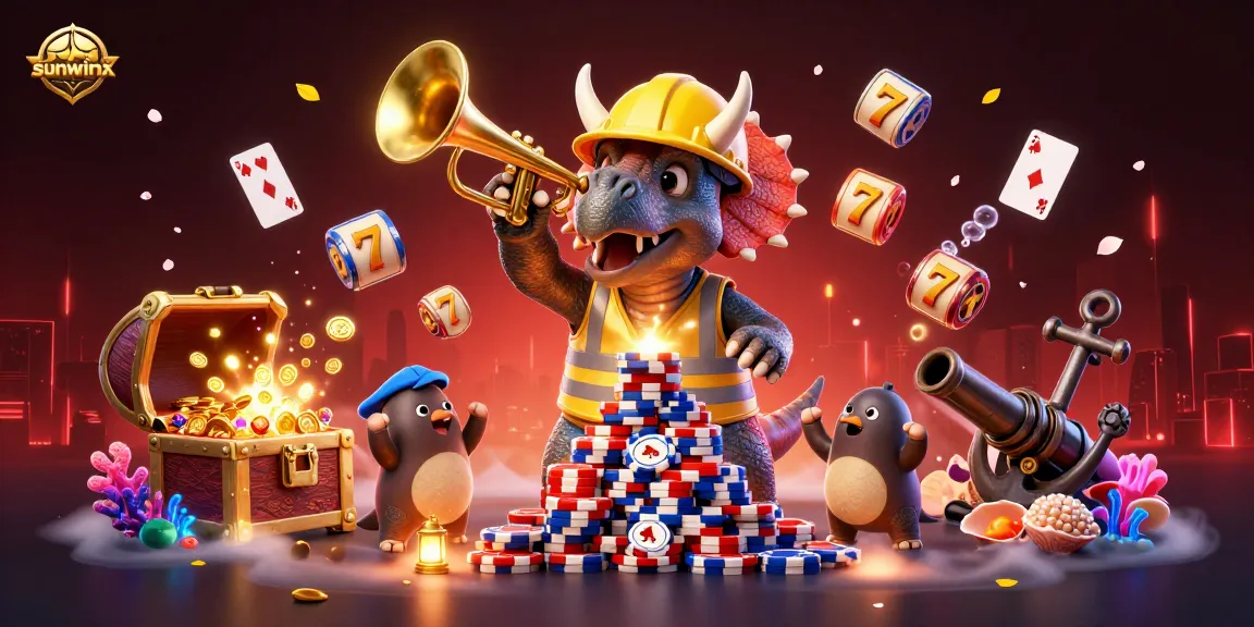 Play exciting games with sunwinx as a triceratops builds a pyramid of poker chips, celebrating wins