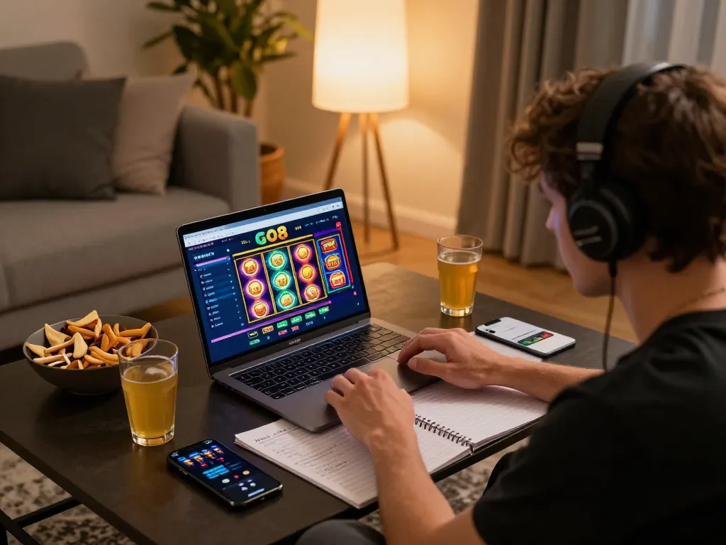 Engaged player explores the exciting GO8 online casino games from a cozy home setup.