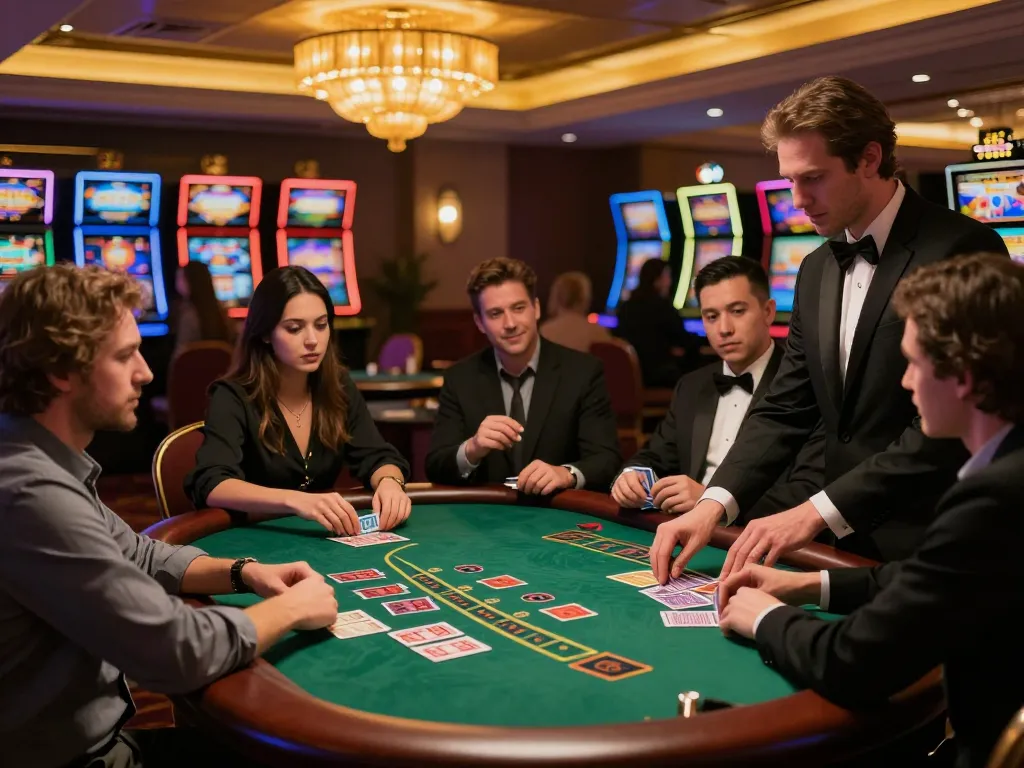 Dwin players strategizing their moves at a bustling blackjack table in a vibrant casino.