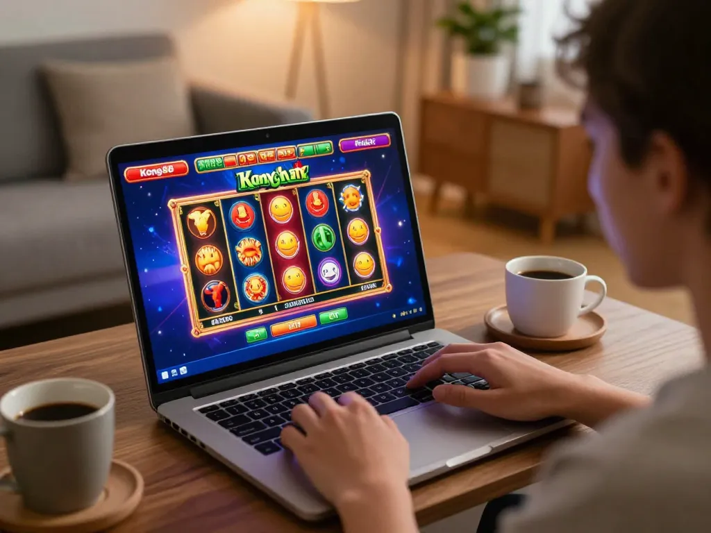 Enjoying an exciting gaming session on the kong88 online casino with vibrant slot games and a relaxing home atmosphere