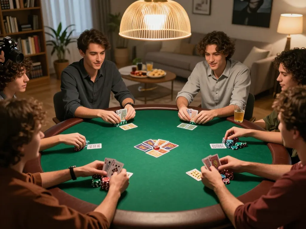 PH22 players engaging in a lively poker game at home, showcasing strategy, chips, and cards in action.