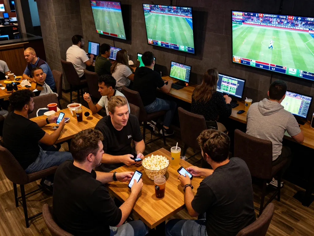 Engaged sports fans using 789win .com for live betting during a thrilling match night.