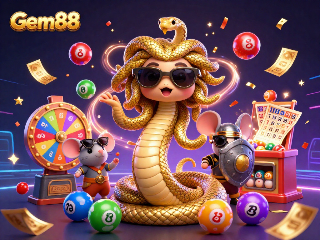 Experience the excitement of Gem88 with a vibrant scene featuring Medusa and a warrior mouse, celebrating lottery wins.
