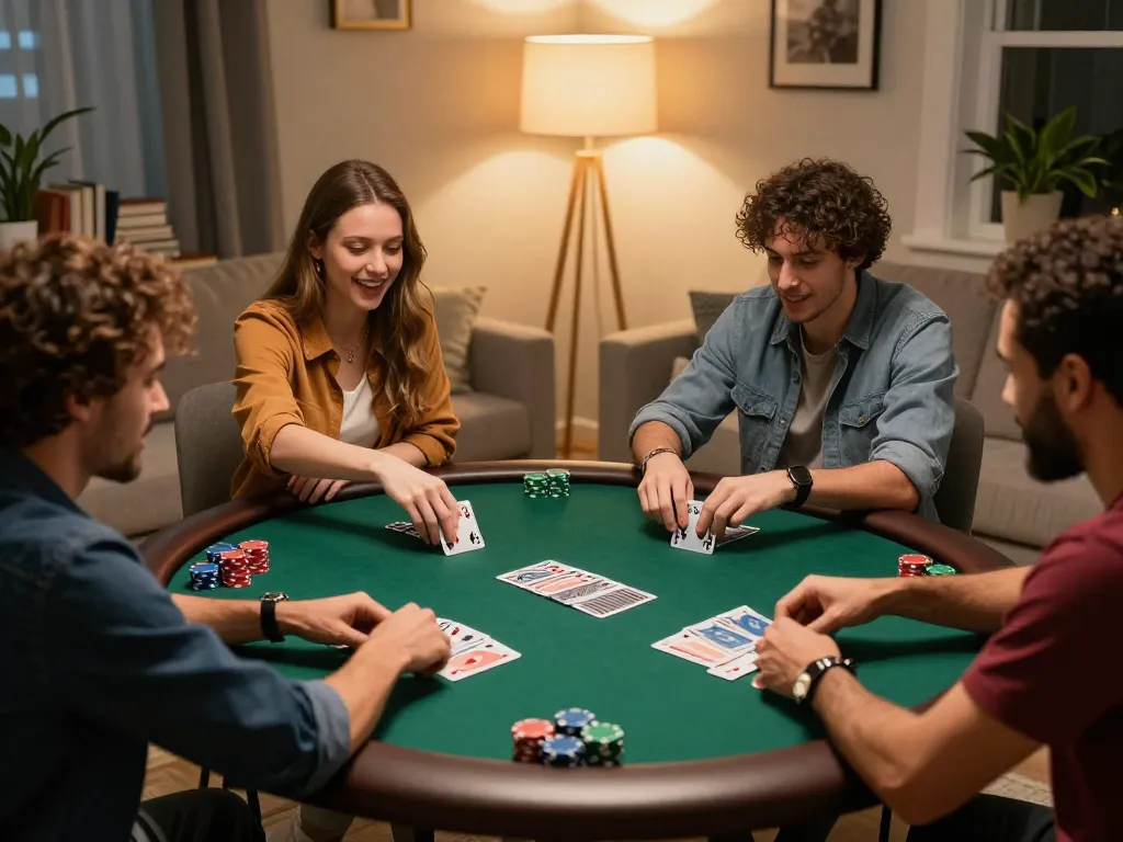 SHBET online poker game with friends, capturing excitement and strategy in a stylish living room