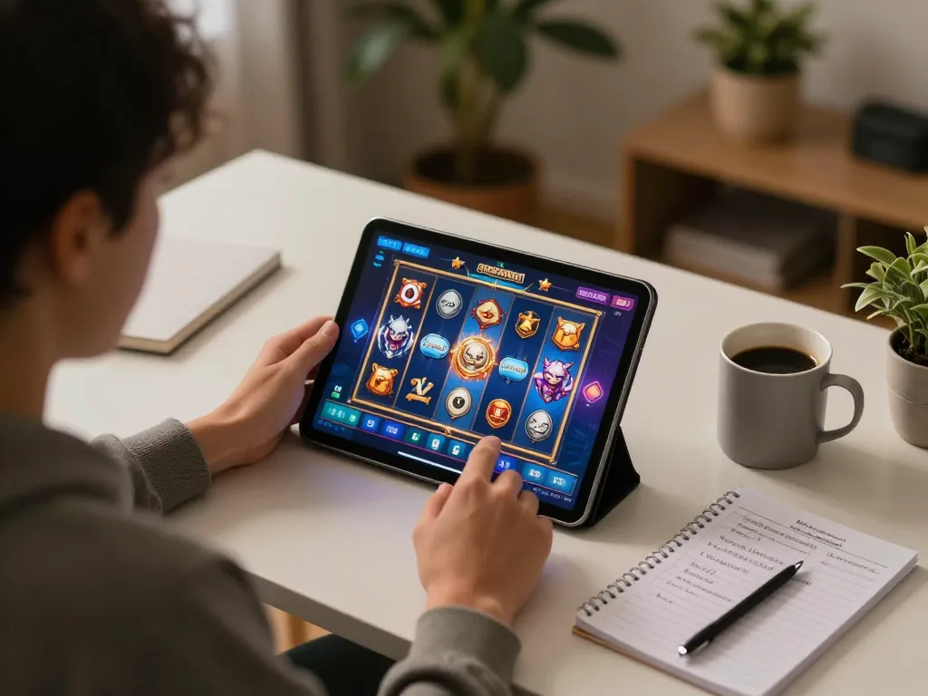 Engaging in online gaming at home using gamebainohu tablet interface, highlighting strategic approach