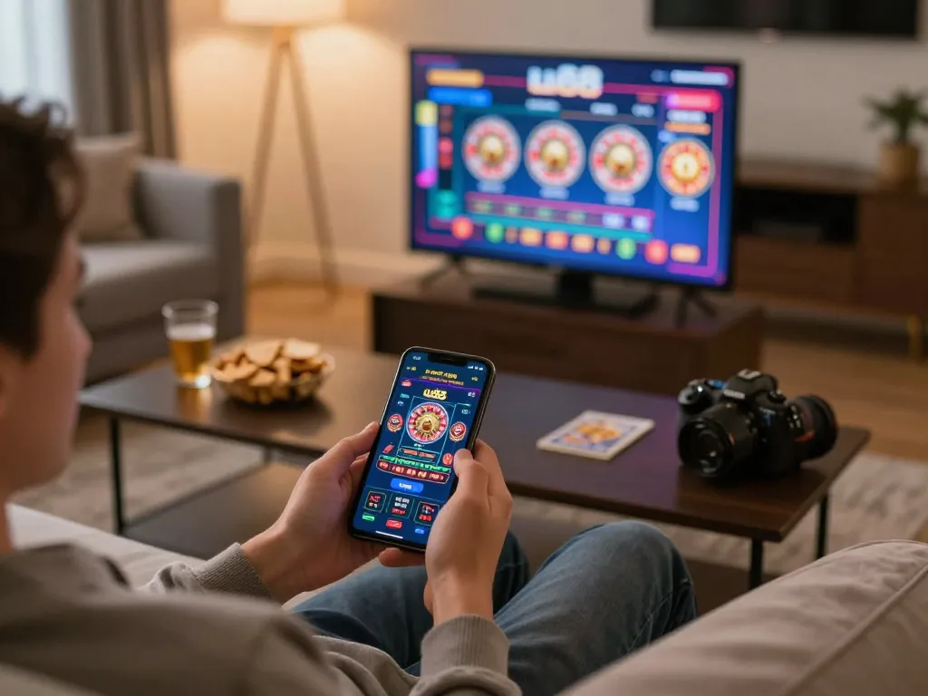 Engaging with the uu88 app while relaxing at home, showcasing online gambling excitement