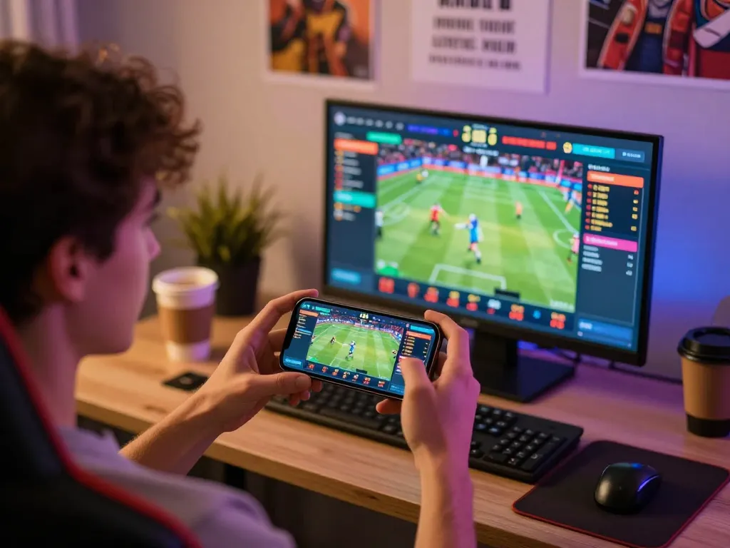 Bong88 mobile user engaging in live sports betting on a smartphone, showcasing real-time odds and vibrant app interface.