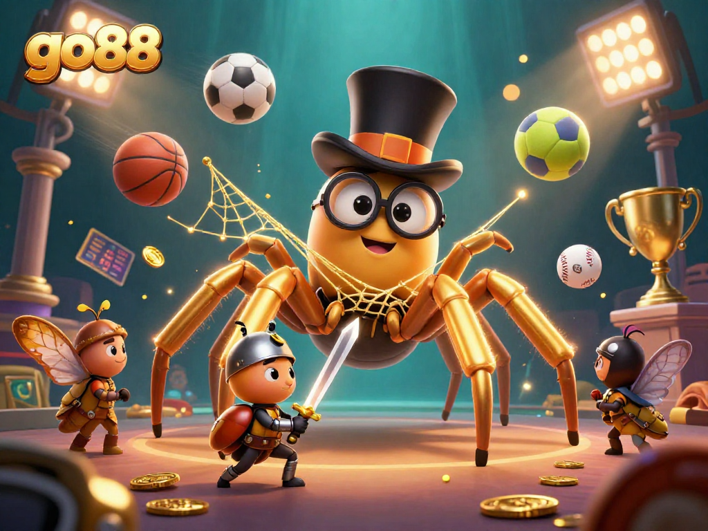 Experience the thrill of gaming at go88 with a vivid illustration of a golden tarantula weaving a web of chance.