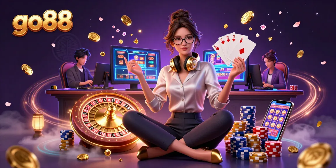 Experience the winning thrill at go88 with a stunning casino scene featuring slot games, golden coins, and vibrant visuals.