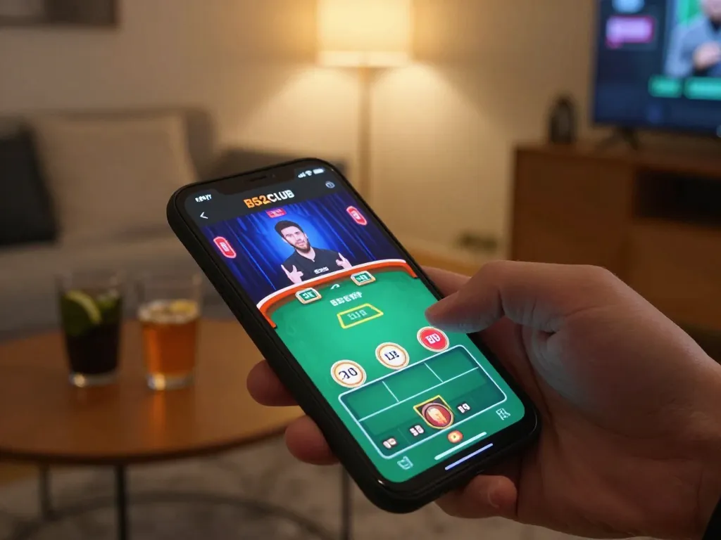 B52Club app interface showing live dealer game action in a cozy home setting.