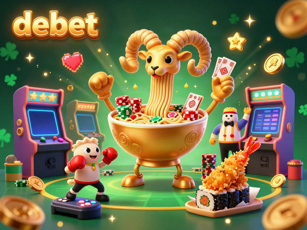 Experience debet's lively casino atmosphere with a giant ramen bowl dealing cards and chips.
