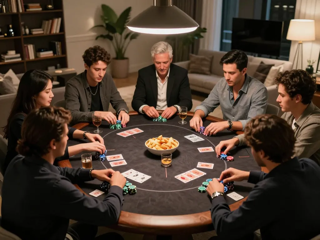 Friends enjoying a poker night with premium chips and focused gameplay at nhà cái uy tín Sunwin