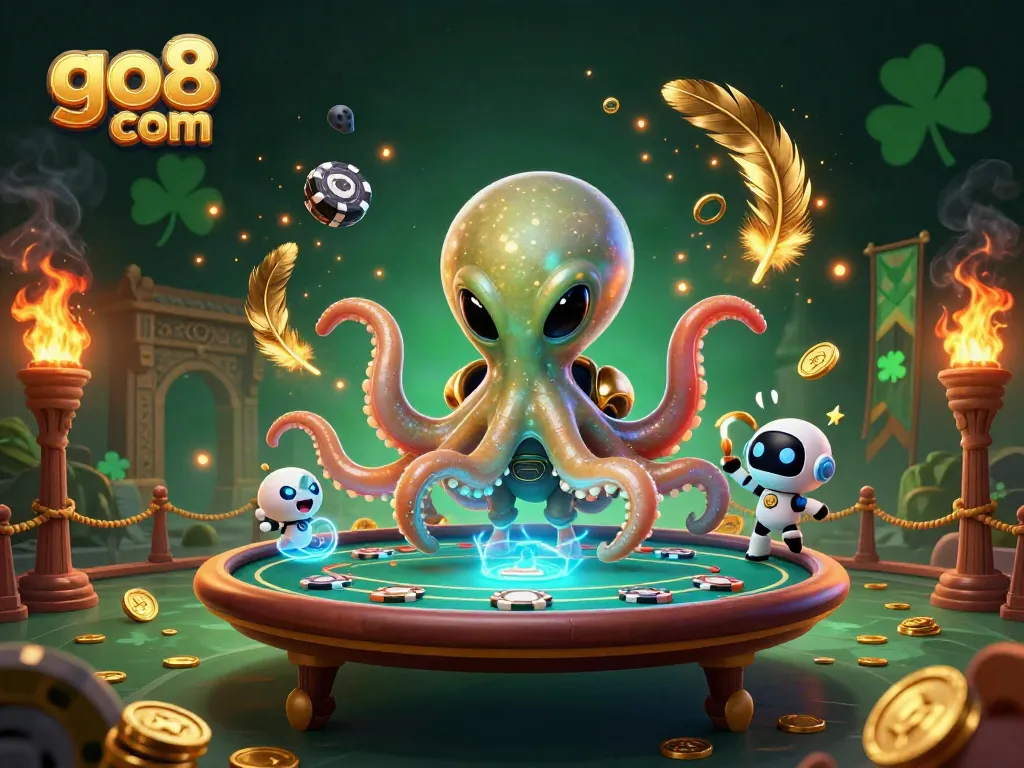 Engage with go8 com at a holographic poker table, featuring an alien octopus and coins for thrilling wins.