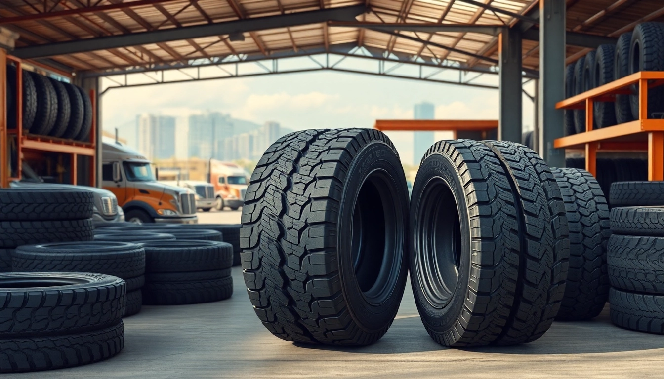 High-quality display of RR99 truck tires in a busy tire hub, showcasing their robust tread and performance features.