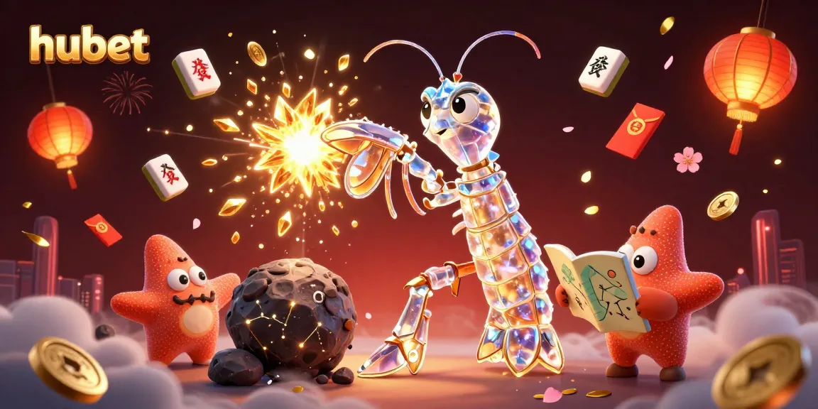 hubet's exciting casino scene featuring a galactic mantis shrimp amidst golden gems and festive decorations