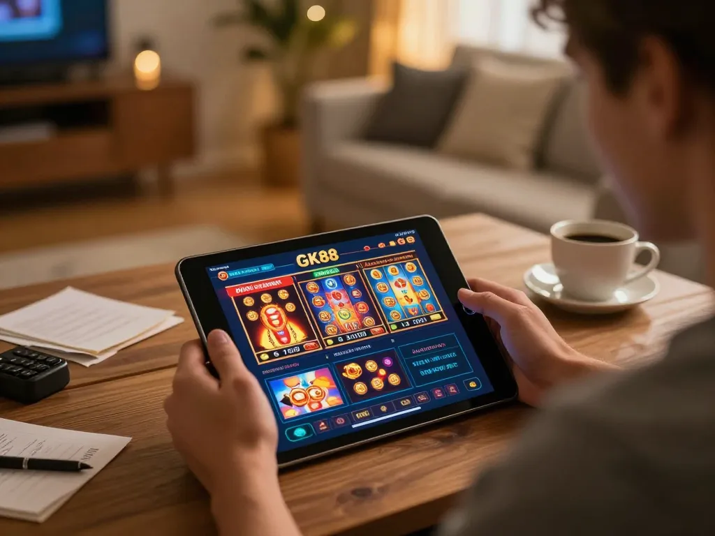 Engaging player exploring GK88 casino app on tablet for strategic online betting.