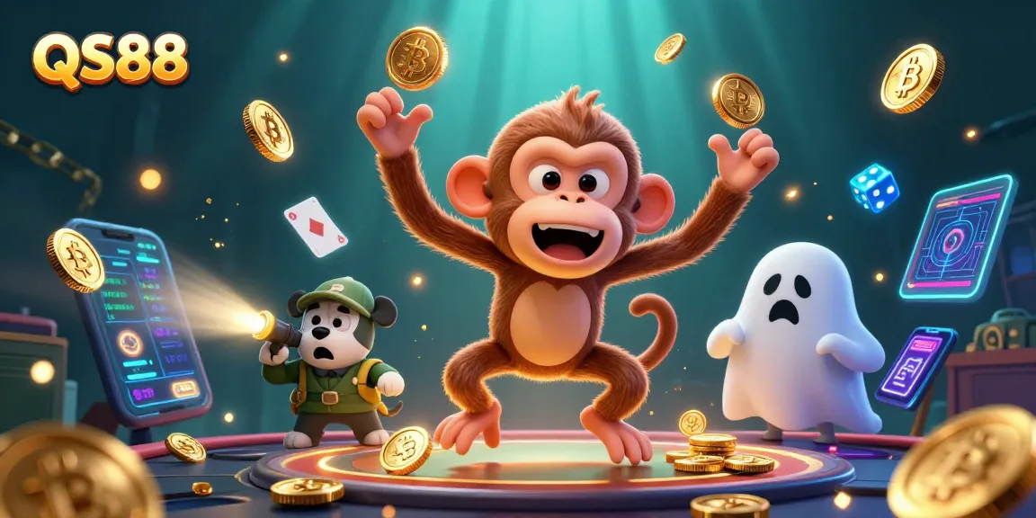 Track the mischievous QS88 monkey in a vibrant haunted casino scene filled with crypto coins.