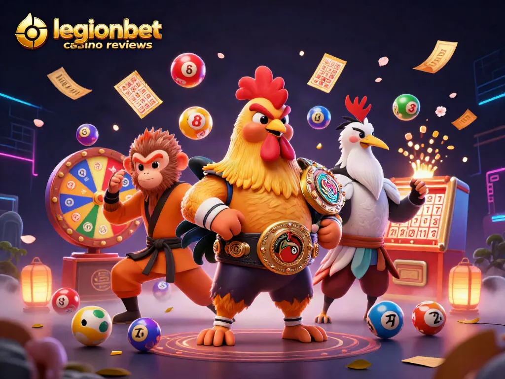 Engage with legionbet casino reviews featuring a dynamic 3D illustration of gambling characters amidst vibrant game elements.