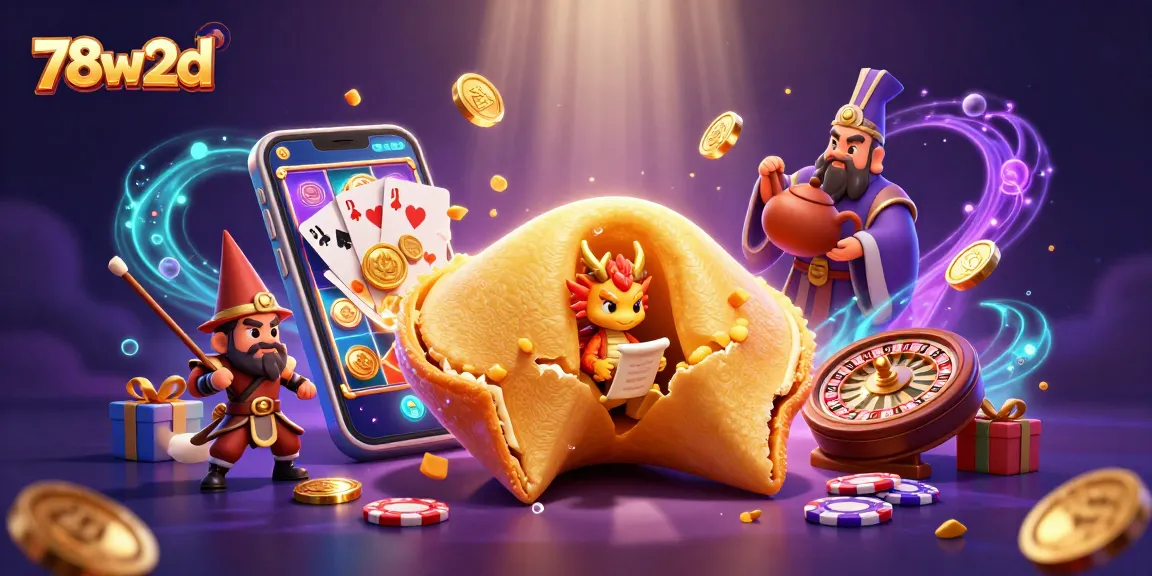 Dive into 78w2d casino adventures with a golden fortune cookie, dragons, and vibrant slot games.