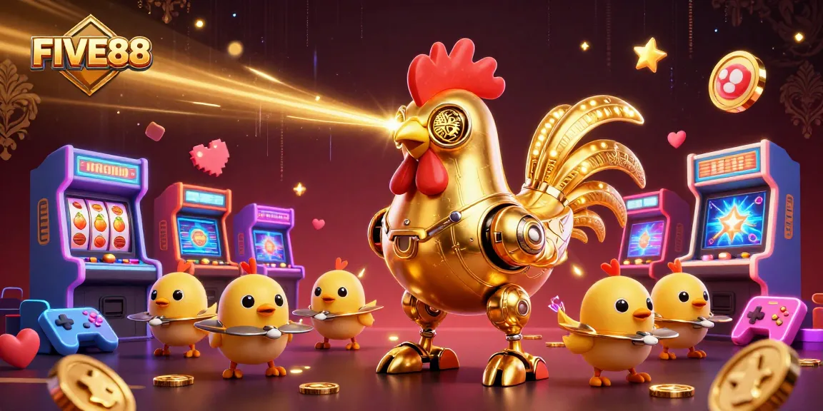Engage with FIVE88's vibrant casino world featuring a golden robot and arcade game action.