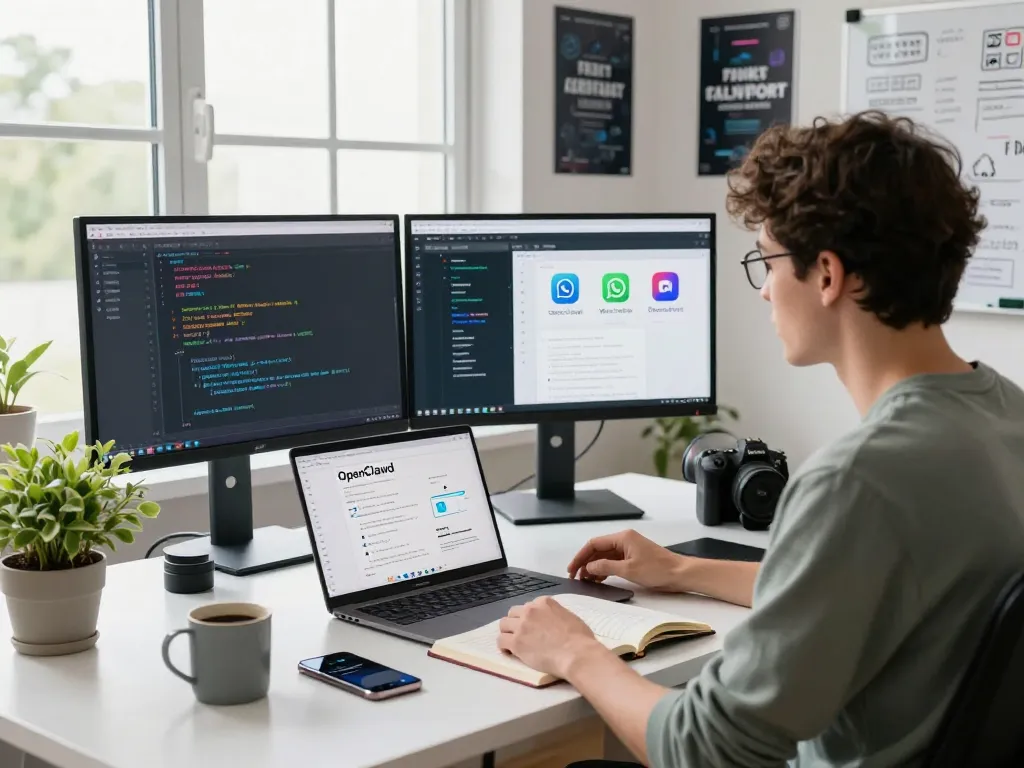 Person utilizing clawbot AI assistant in a modern tech workspace, featuring laptops, dual monitors, and communication apps.