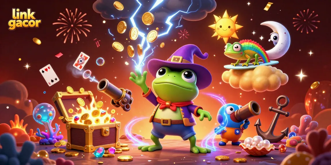 Experience the excitement of link gacor with a vibrant illustration of a wizard frog and chameleon amidst casino elements.