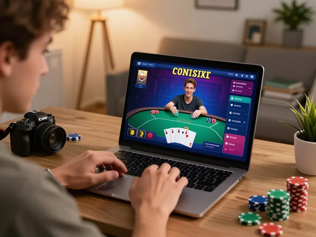 Player engaging in strategic gameplay with XX88 poker interface on a laptop in a cozy home setting.