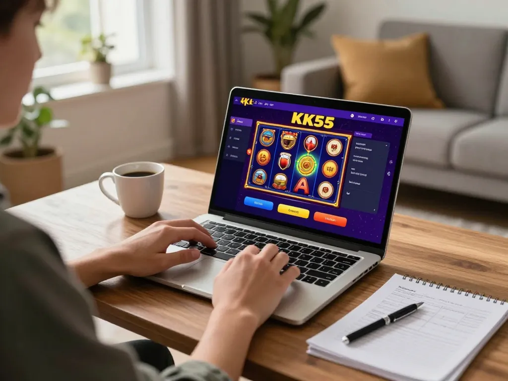 Player engaging with KK55's online casino app at a cozy home gaming setup.