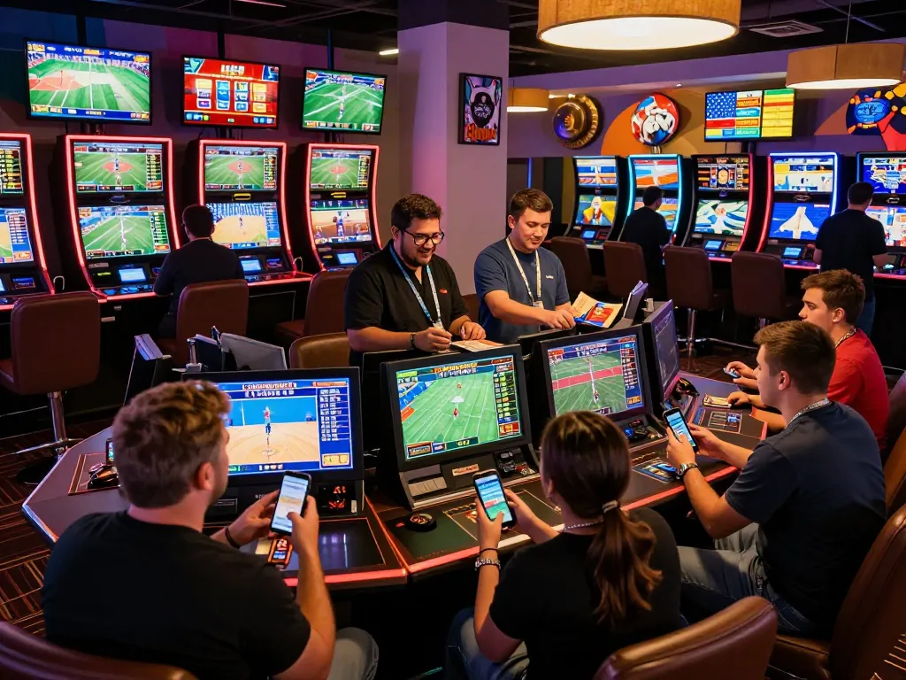Sky88 sports betting excitement with bettors engaging in live wagering at a casino.