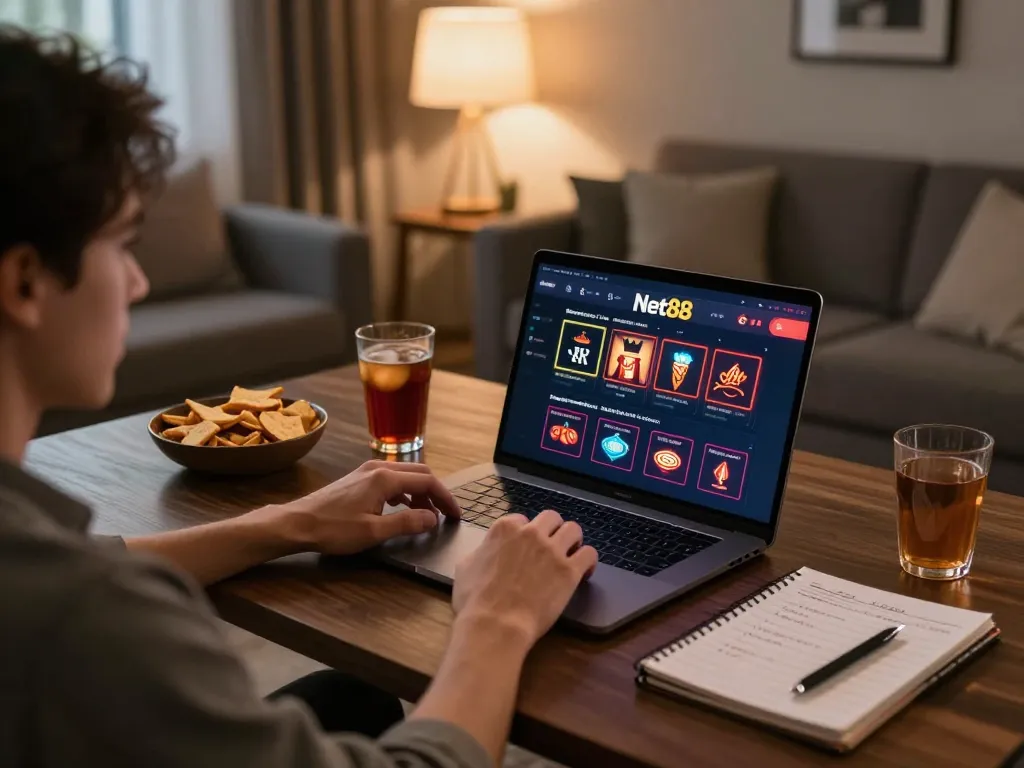 Player enjoying online gaming on Net88 with a cozy setup, showcasing strategic gambling atmosphere