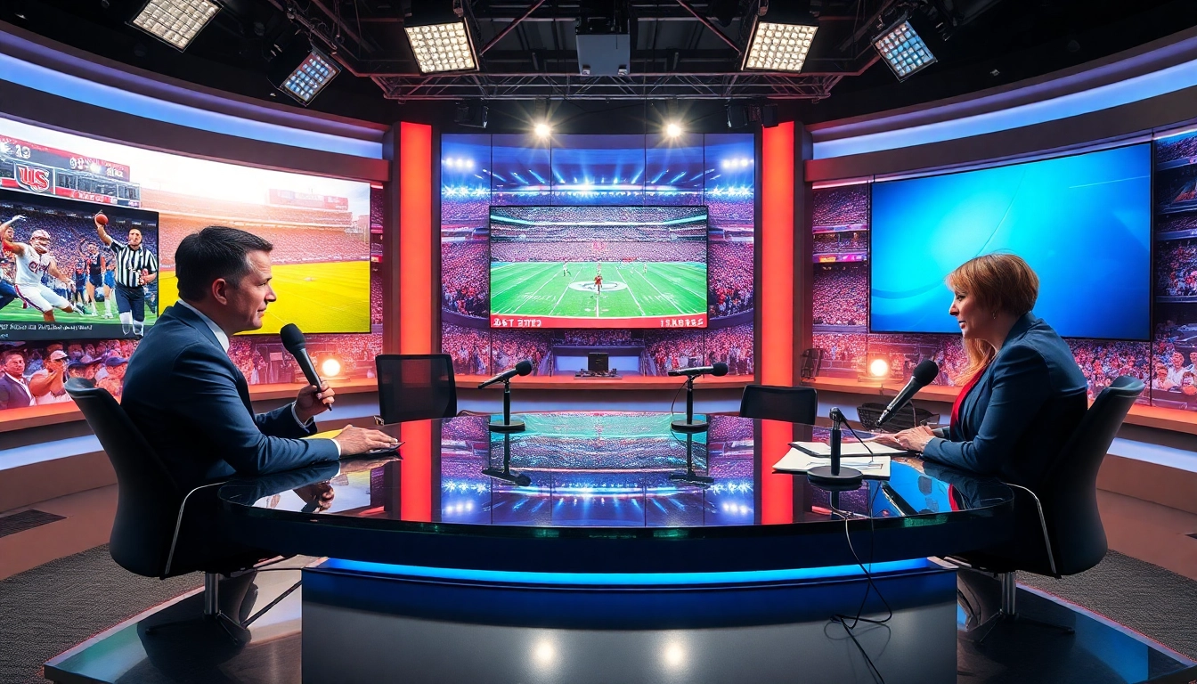 Engaging visual of sports broadcasting studio showcasing anchors and dynamic sports highlights.