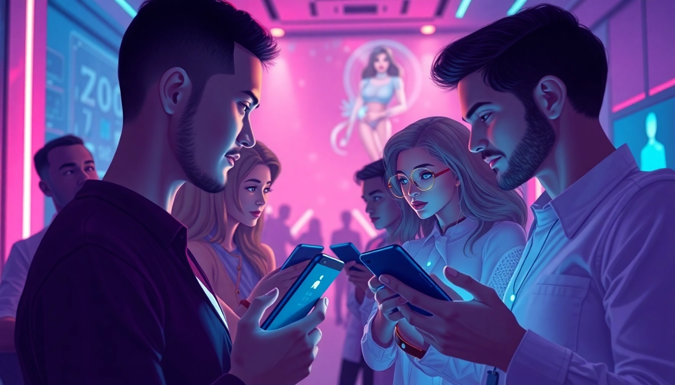 Engaging scene of users interacting with sex chat AI avatars in a futuristic setting.