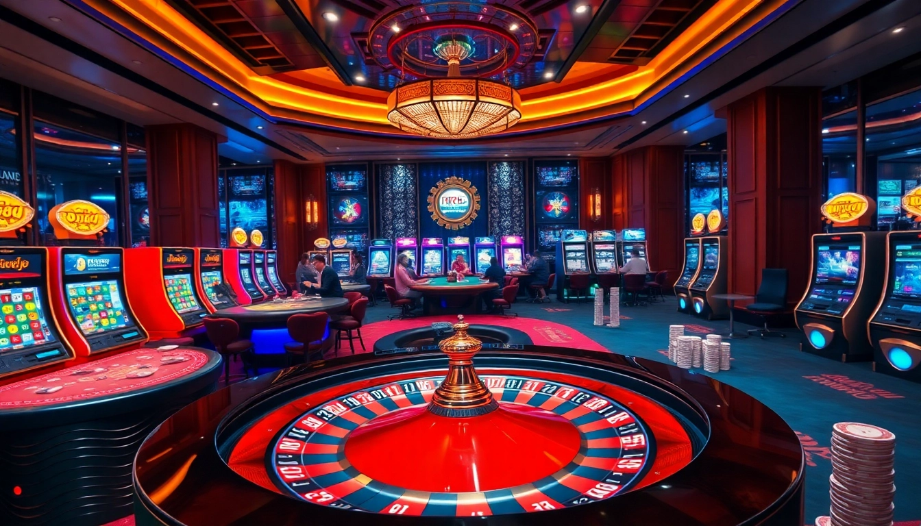 Engaging scene illustrating rr88 đăng nhập with casino elements, showcasing players at roulette and slot machines.