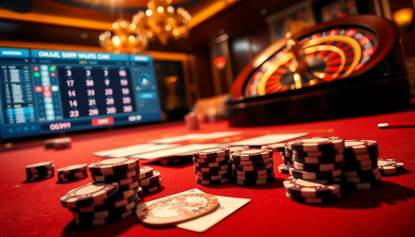 Exciting casino scene with Go99 logo featuring poker chips, cards, and roulette wheel for online gambling.