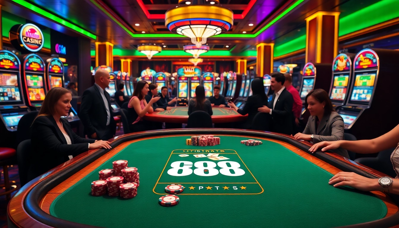 Experience the excitement of U 888 with players at a luxurious poker table surrounded by vibrant slot machines.