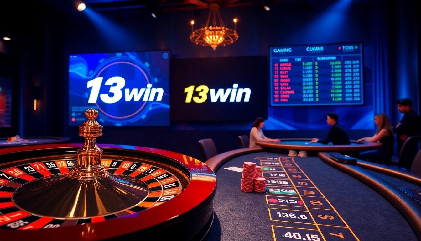 Experience thrilling bets at 13win's casino tables featuring vibrant roulette and poker elements.
