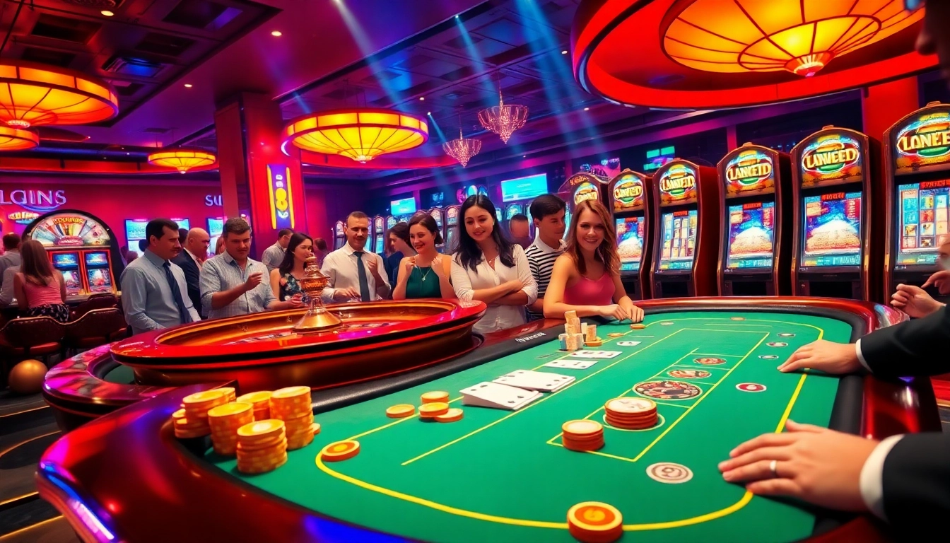Experience the thrill of gambling at Jun88 with a vibrant casino scene featuring excited players.