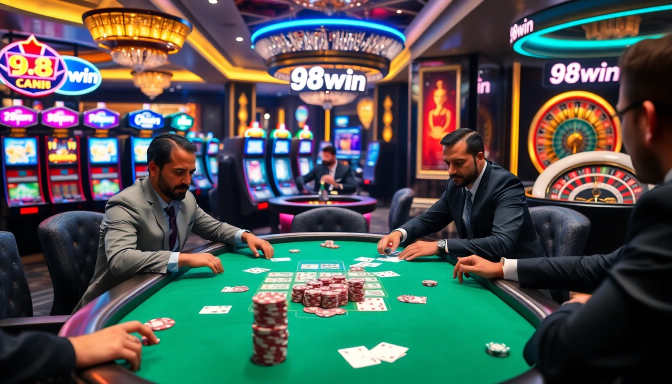Exciting poker action at 98win casino with professional players and vibrant atmosphere