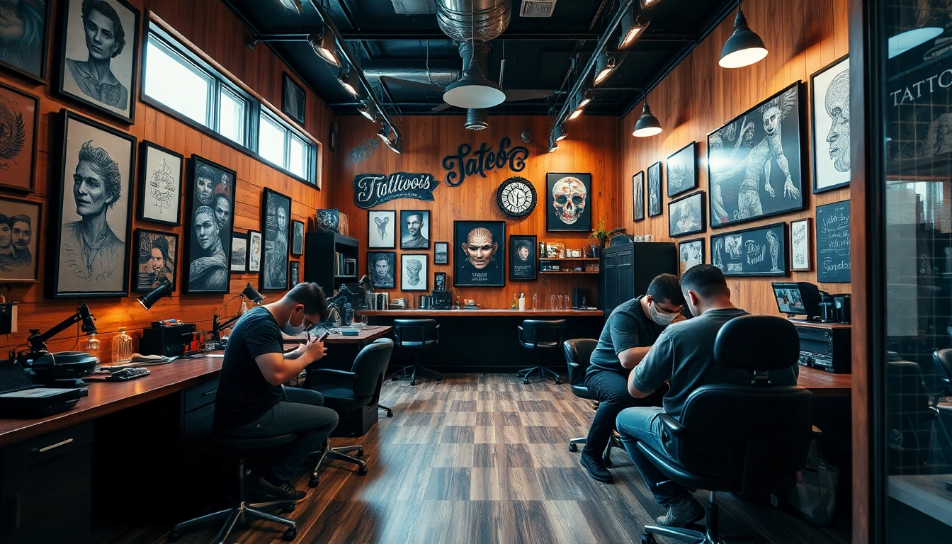 Vibrant tattoo parlor interior illustrating skilled artists at work on intricate designs, reflecting the essence of https://89bet.tattoo/.