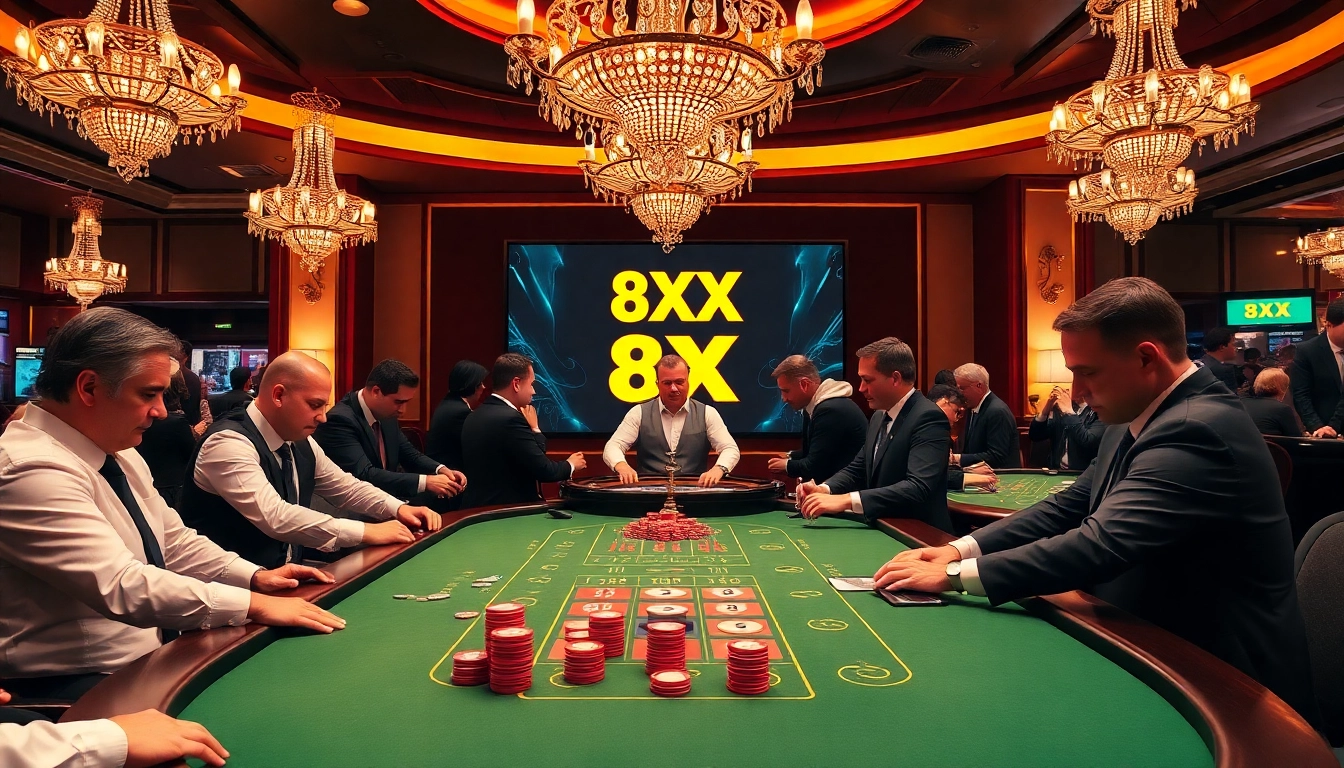 Engage in high-stakes poker at the luxurious 8XX casino table with vibrant chips.