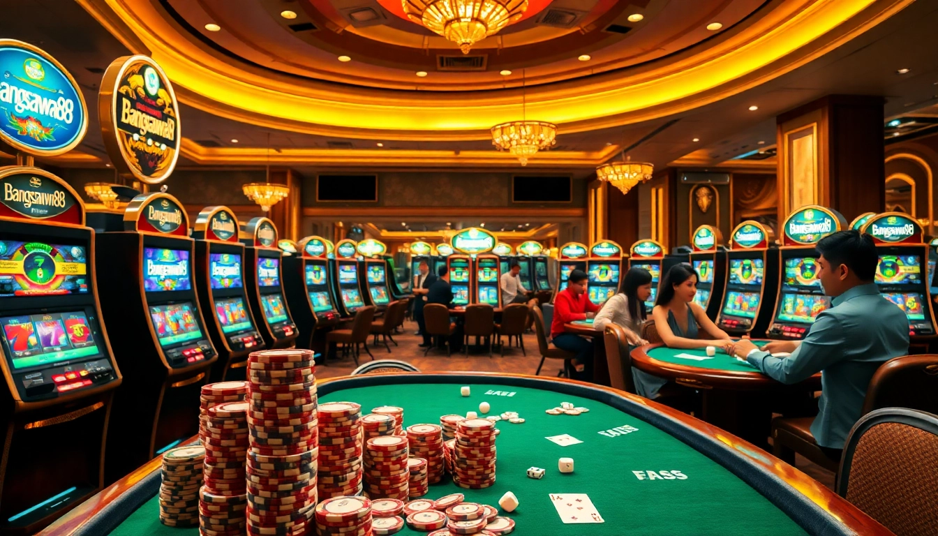 Vibrant casino scene showcasing players at bangsawan88 slot machines, poker tables, and luxury decor.