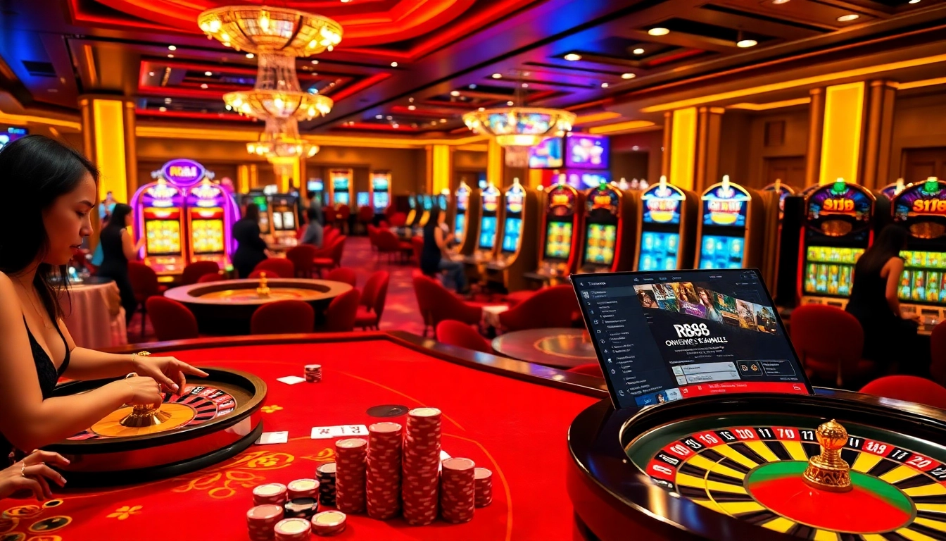 Experience the excitement of RR88 with dynamic online gambling visuals featuring slot machines and poker tables.
