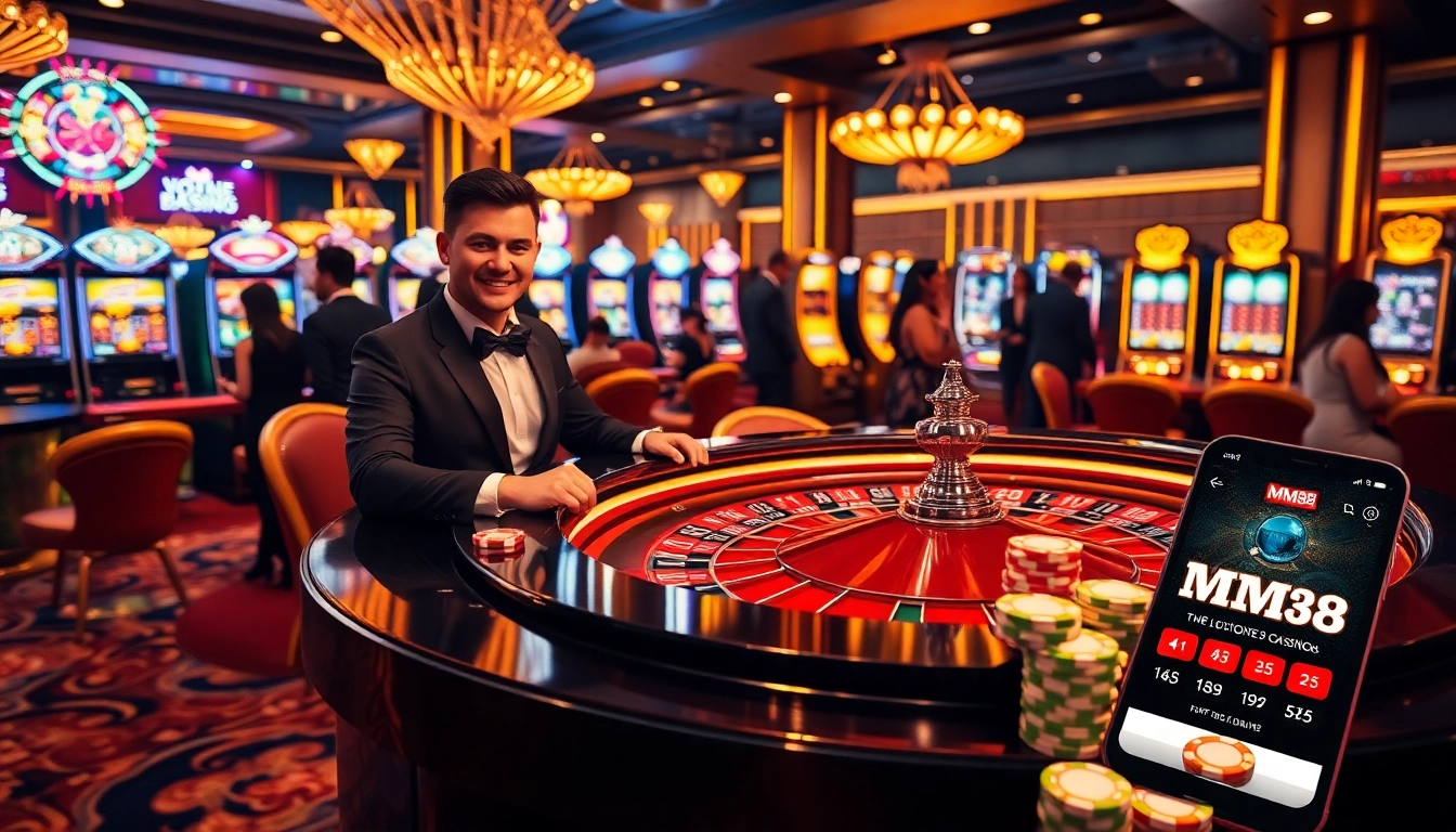 Experience the excitement of MM88 with a luxurious casino scene featuring roulette, elegant players, and slot machines.